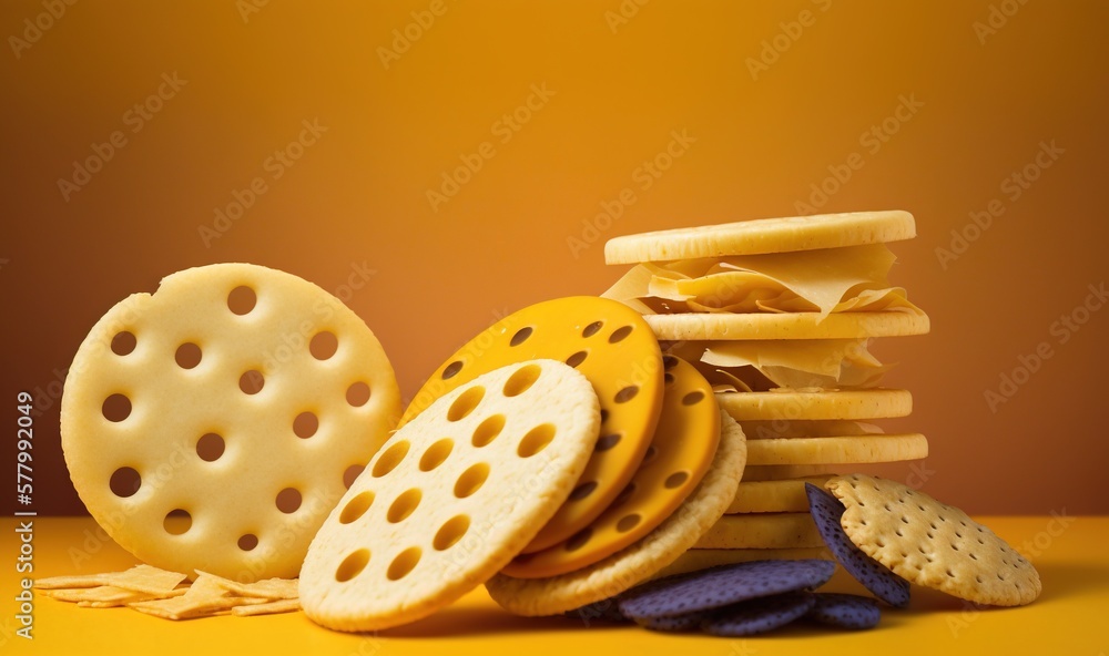 Poster a stack of crackers and cheese on a yellow surface with a yellow background and a few other crackers