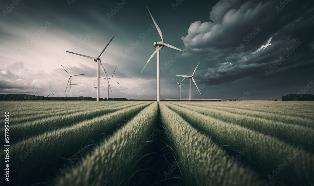 Poster a row of windmills in a field with a cloudy sky in the background and a row of green grass in the fo