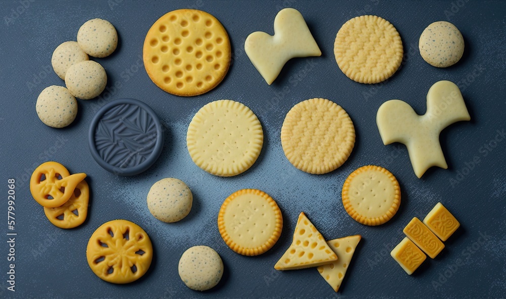 Poster a variety of cookies and biscuits arranged on a blue surface with a black background and a blue back