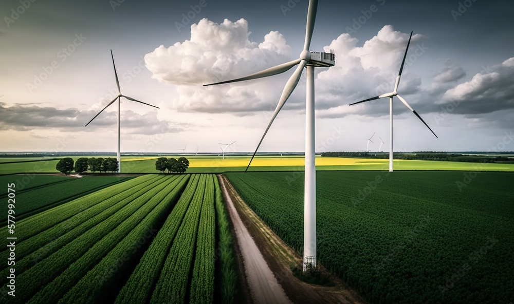 Poster a field of green grass with wind turbines in the background and a dirt road running through it in th