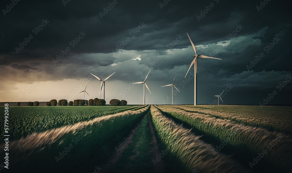 Poster a field with wind turbines in the distance under a cloudy sky with a dark sky behind it and a line o