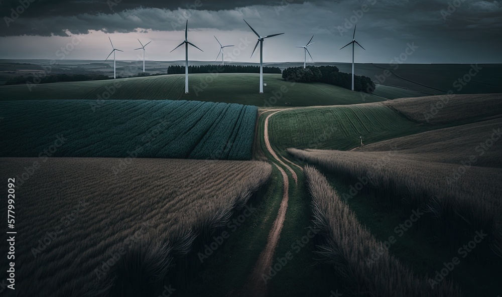 Poster a dirt road running through a field with wind mills in the background at night time with a dark sky 