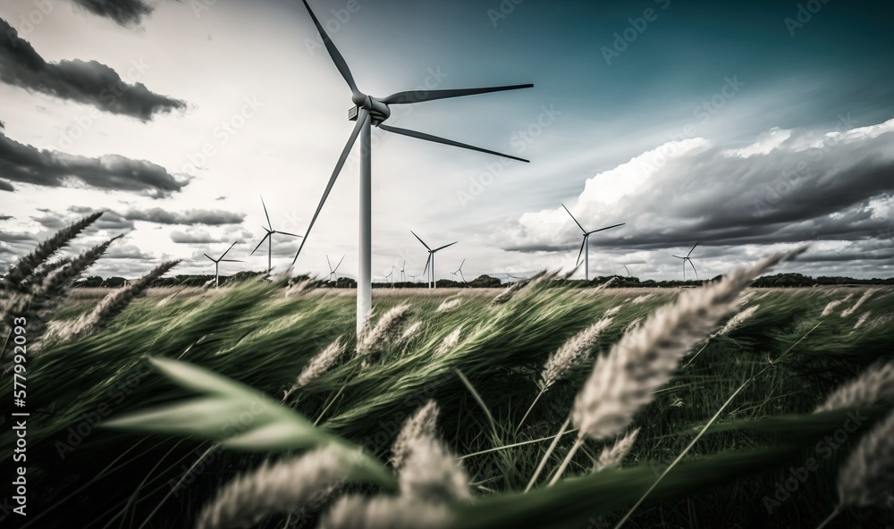 Poster a field of grass with a wind turbine in the distance and clouds in the sky above it and a few wind m