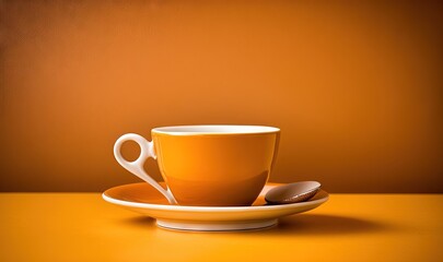  a yellow cup and saucer with spoons on a yellow tablecloth with a brown background and a brown wall behind it, with a yellow backdrop.  generative ai