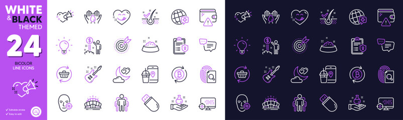 Love message, Dog feeding and Electric guitar line icons for website, printing. Collection of Yummy smile, Safe water, Refresh bitcoin icons. Arena stadium, Wallet, World medicine web elements. Vector