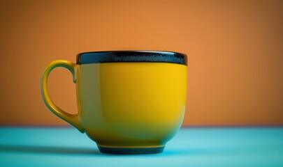  a yellow coffee cup sitting on a blue surface with an orange background and a brown wall in the backgrouf of the cup.  generative ai