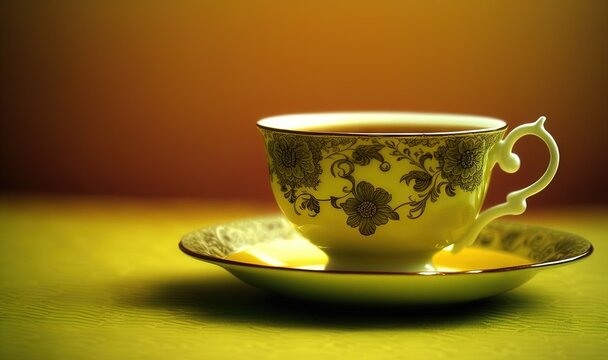  a cup and saucer sitting on a yellow tablecloth with a yellow background and a red wall in the background with a red light.  generative ai