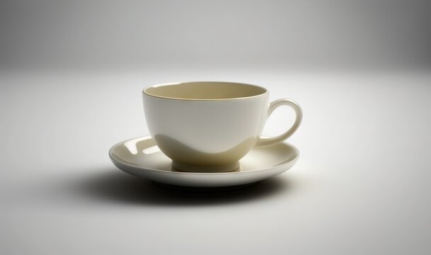  a white coffee cup and saucer on a saucer on a white tablecloth with a shadow of the cup and saucer on the plate.  generative ai