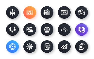 Minimal set of Time change, Startup and Clock flat icons for web development. Cloud sync, Musical note, Justice scales icons. Approved agreement, International globe. Circle buttons with icon. Vector