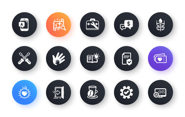 Minimal set of Coffee cup, Love tickets and Search map flat icons for web development. Entrance, Product knowledge, Love icons. Tool case, Service, Screwdriverl web elements. Vector