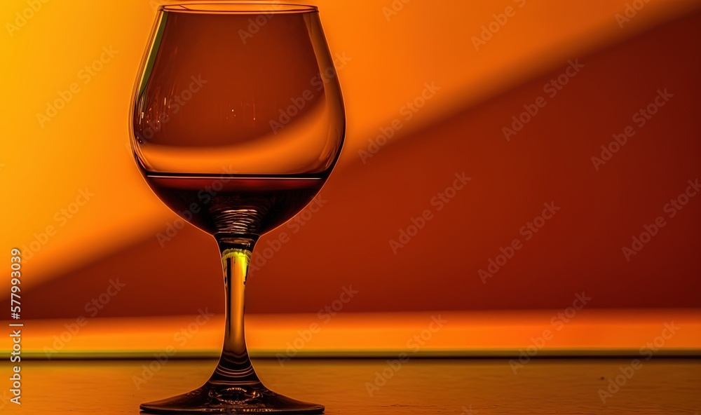 Poster  a glass of wine sitting on a table in front of a yellow wall with a shadow of a person standing in front of the glass.  generative ai