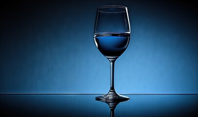  a glass of water sitting on top of a blue table top next to a blue wall with a reflection of the water in it's glass.  generative ai