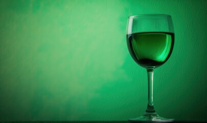  a glass of wine sitting on a table in front of a green wall and a green wall in the background with a green wall behind it.  generative ai