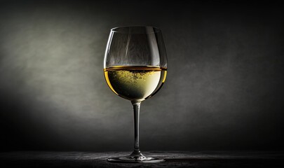  a glass of white wine on a dark surface with a shadow of the wine glass on the floor and a dark background behind it,.  generative ai