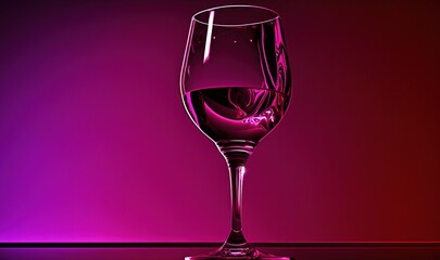  a glass of wine sitting on top of a table next to a purple wall and a red light behind it and a purple light behind it.  generative ai