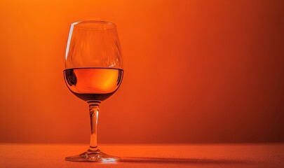 a glass of wine sitting on top of a table next to an orange wall and a red wall in the background with a shadow on the floor.  generative ai