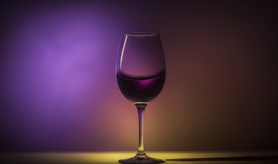  a glass of wine sitting on top of a table next to a purple wall and a shadow of a glass on the floor below it.  generative ai