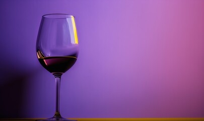  a glass of wine sitting on a table next to a purple wall and a purple wall in the background with a yellow stripe on the bottom of the glass.  generative ai