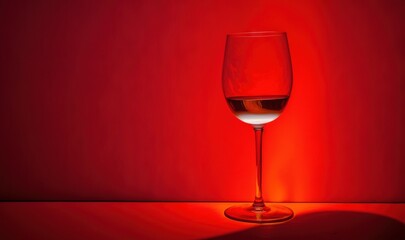 Obraz na płótnie Canvas a glass of wine sitting on top of a table next to a red light wall and a red light shining on the wall behind it. generative ai