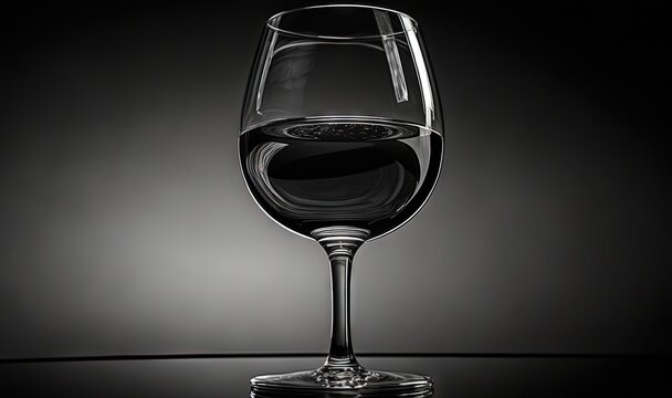  a glass of wine on a table with a black background and a reflection of the wine glass in the wine glass is half empty and half full.  generative ai