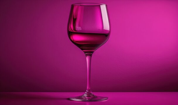  a glass of red wine on a purple table top with a purple background and a pink wall behind it, with a single wine glass in the middle of the foreground.  generative ai