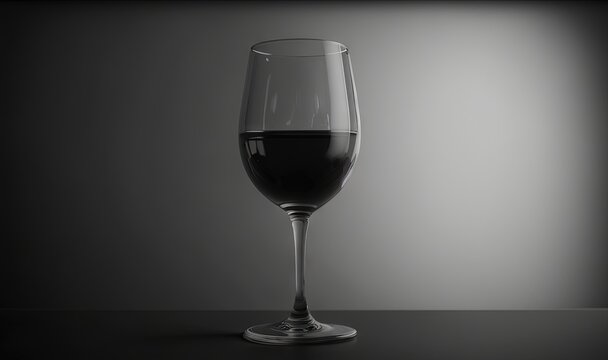  a glass of wine sitting on top of a table next to a gray wall and a black table top with a white light behind it.  generative ai