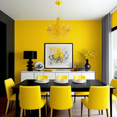 Modern dining room interior design with yellow wall black wall