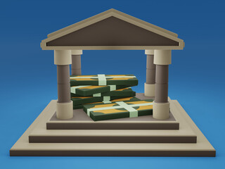 Bank building or deposit safe with money inside 3D illustration of finance and economic
