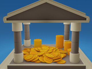 Bank building or deposit safe with money inside 3D illustration of finance and economic