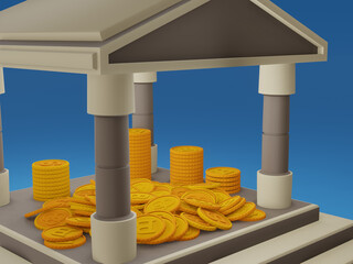Bank building or deposit safe with money inside 3D illustration of finance and economic