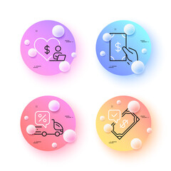 Accepted payment, Receive money and Volunteer minimal line icons. 3d spheres or balls buttons. Delivery discount icons. For web, application, printing. Bank transfer, Cash payment, Social care. Vector