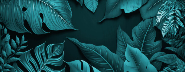 Fototapeta na wymiar Tropical leaves background. Panoramic. Widescreen format. Generative AI