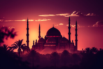 Fototapeta premium Beautiful view of the mosque at sunset islamic ramadan background design