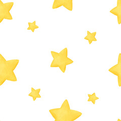 Stars seamless pattern. Cute five-pointed yellow stars on white background. High resolution, 300 dpi