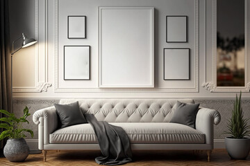 Gallery wall mockup in living room interior with comfortable sofa