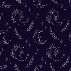 Esoteric seamless pattern with crescents, branches and leaves on the dark violet background. Vector illustration