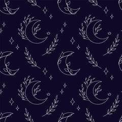 Esoteric seamless pattern with crescents, branches and leaves on the dark violet background. Vector illustration