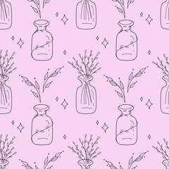Gentle seamless pattern with vials, feather and flowers on the pink background. Esoteric vector illustration