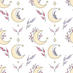 Esoteric seamless pattern with crescents and branches. Art line, sign and symbol. Vector illustratio