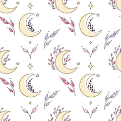 Esoteric seamless pattern with crescents and branches. Art line, sign and symbol. Vector illustratio