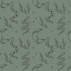 Esoteric seamless pattern with snakes and crescents. Vector illustration