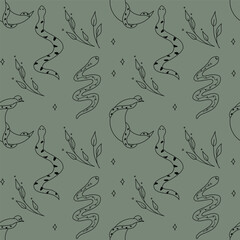 Esoteric seamless pattern with snakes and crescents. Vector illustration