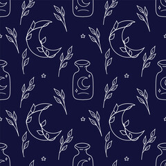 Esoteric seamless pattern with crescent, branch and vial. Vector illustration