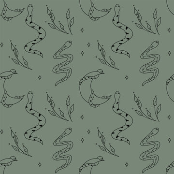 Esoteric seamless pattern with snakes and crescents. Vector illustration