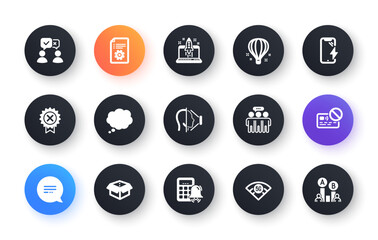 Minimal set of 5g wifi, Reject medal and Air balloon flat icons for web development. Calculator alarm, Employees group, Comic message icons. People voting, Technical documentation. Vector