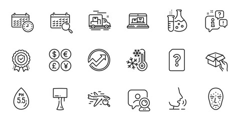 Outline set of Ph neutral, Audit and Hold box line icons for web application. Talk, information, delivery truck outline icon. Include Chemistry flask, Money currency, Web inventory icons. Vector