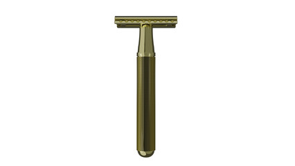 Golden T-shaped shaving razor isolated on transparent background. Barber concept. 3D render