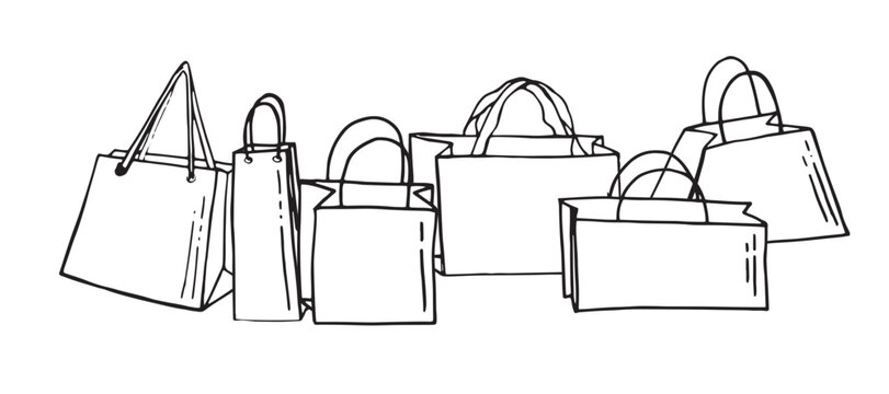 Vector Set of Black Doodle Shopping Bags Icons.