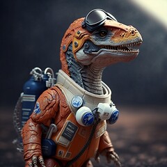 Juguete de un velociraptor vestido de astronauta en el espacio