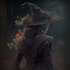 Obraz premium Mujer misteriosa vestida como una bruja vista de espaldas